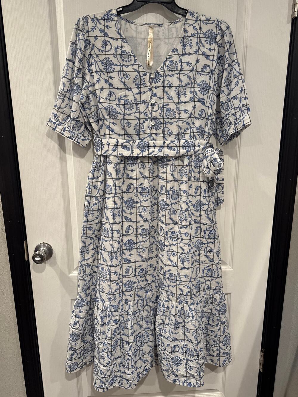 Uncle Frank Blue White Floral Belted Midi Dress 100% Cotton Size M